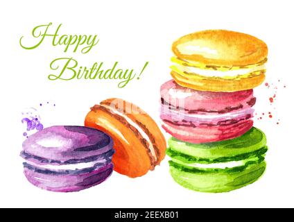 Macaron o macaroon tradizionale francese, biscotti colorati. Immagine disegnata a mano con acquerello, isolata su sfondo bianco Foto Stock