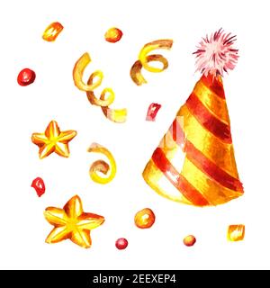 Berretto da compleanno, streamers e confetti, elementi per il tuo design. Immagine disegnata a mano con acquerello, isolata su sfondo bianco Foto Stock