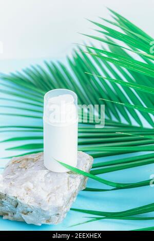 Dispenser per prodotti cosmetici. Concetto di bellezza e cura della pelle. Mockup, spazio di copia. Sfondo blu e bianco con piante tropicali. Foto Stock