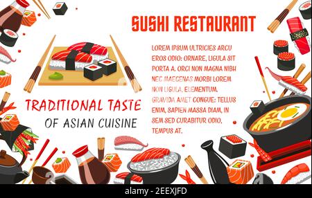 Ristorante giapponese sushi banner di cucina asiatica tradizionale. Sushi roll con pesce salmone, riso di pesce, nigiri sushi con tonno, gamberi e alghe, cho Illustrazione Vettoriale