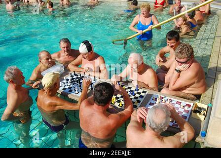 Gli uomini che giocano a scacchi in piscine termali all', Szechenyi Bagni, Varosliget, Pest, Budapest, Repubblica di Ungheria Foto Stock