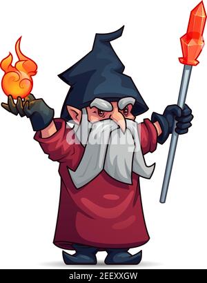 Vecchio wizard o stregone personaggio cartoon. Mago malvagio con barba grigia, bastone magico, pallina da fuoco, cappello e mantello. Merlin con oggetti magici per Hallowe Illustrazione Vettoriale