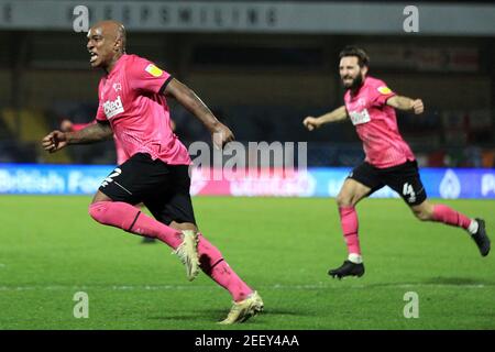 High Wycombe, Regno Unito. 16 Feb 2021. Andre Wisdom di Derby County celebra dopo aver segnato il suo 2 ° goal squadre. EFL Skybet Championship, Wycombe Wanderers / Derby County presso lo stadio Adams Park di High Wycombe, Buckinghamshire, martedì 16 febbraio 2021 . questa immagine può essere utilizzata solo per scopi editoriali. Solo per uso editoriale, è richiesta una licenza per uso commerciale. Nessun utilizzo nelle scommesse, nei giochi o nelle pubblicazioni di un singolo club/campionato/giocatore. pic by Steffan Bowen/Andrew Orchard sports photography/Alamy Live news Credit: Andrew Orchard sports photography/Alamy Live News Foto Stock