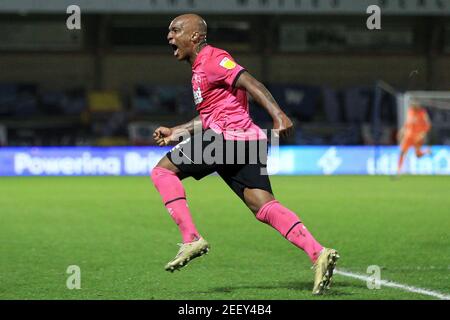 High Wycombe, Regno Unito. 16 Feb 2021. Andre Wisdom di Derby County celebra dopo aver segnato il suo 2 ° goal squadre. EFL Skybet Championship, Wycombe Wanderers / Derby County presso lo stadio Adams Park di High Wycombe, Buckinghamshire, martedì 16 febbraio 2021 . questa immagine può essere utilizzata solo per scopi editoriali. Solo per uso editoriale, è richiesta una licenza per uso commerciale. Nessun utilizzo nelle scommesse, nei giochi o nelle pubblicazioni di un singolo club/campionato/giocatore. pic by Steffan Bowen/Andrew Orchard sports photography/Alamy Live news Credit: Andrew Orchard sports photography/Alamy Live News Foto Stock