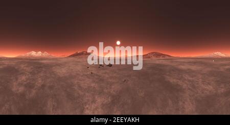 Tramonto su un paesaggio di pianeta rosso simile a Marte, un panorama sferico HDRI del 360 per ambienti di illustrazione 3D. Foto Stock