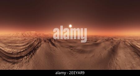 Tramonto su un pianeta rosso marziano, un panorama sferico HDRI 360 per ambienti di illustrazione 3D. Foto Stock