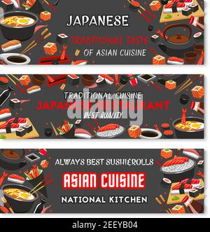 Banner del menu del ristorante Giapponese con sushi tradizionale di cucina asiatica. Sushi roll di pesce e sashimi, riso appiccicoso con pesce salmone, tonno e gamberi Illustrazione Vettoriale
