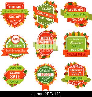 Vendita autunno tag e set di etichette con foglia autunno. Offerta speciale di prezzo scontato badge con fogliame autunnale di alberi di bosco, ramo di ghianda e banner a nastro Illustrazione Vettoriale
