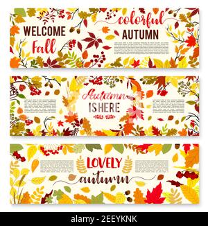 Set di banner autunnali di benvenuto con corona di foglie autunnali. Autunno natura stagione foglie, giallo e arancio fogliame di foresta albero, acorno e rowan bacche arrangiato Illustrazione Vettoriale