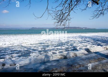 Lake Balaton in Hungary covered with floes during an icy winter. Stock Photo