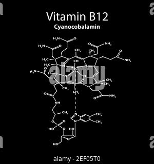 Vitamina B12. Formula chimica molecolare della cianocobalamina. Infografiche. Illustrazione vettoriale su sfondo nero. Illustrazione Vettoriale
