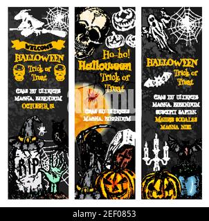 Set di striscioni di Halloween in zucca, ghost e cranio. Strega dell'orrore, pipistrello e ragno, scheletro o cicatrice con la falce della morte, tomba del cimitero con Illustrazione Vettoriale