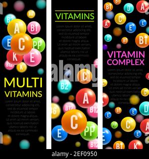 Multi vitamine striscioni complessi di pillole di vitamina di A, B e acido ascorbico C, D e PP o multivitamina D. Vector design per integratori dietetici medici Illustrazione Vettoriale