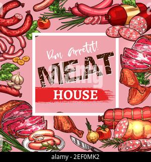 Menu della casa di carne o poster disegno modello di delicatessen di carne, salsicce e prodotti di carne carnosa fattoria. Cervelat vettoriale, pepperoni o salsiccia di fegato, Illustrazione Vettoriale