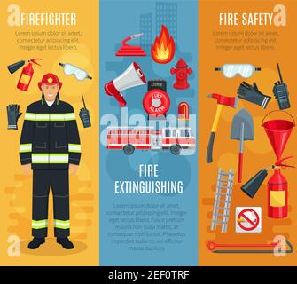 Set di striscioni antincendio o antincendio e di sicurezza antincendio. Progettazione vettoriale di attrezzature antincendio motrice, estintore o allarme e scala o s. Illustrazione Vettoriale
