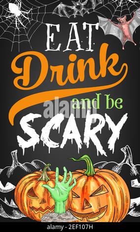 Halloween party zucca Jack Lanterna poster di schizzo per mangiare, bere e essere spaventoso design. Vetector zombie mano su pietra tombale nero cimitero, strega pipistrelli Illustrazione Vettoriale