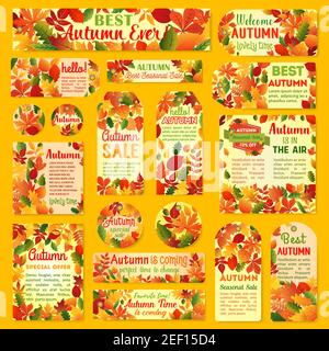Vendita autunno tag e set di etichette con foglia autunno. Foglie di acero arancio, fogliame giallo e rosso di castagno, quercia e betulla, ramificazione di acorno con prezzo dis Illustrazione Vettoriale