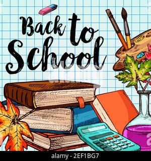 Torna alla Scuola poster della cancelleria didattica sullo sfondo a scacchi del modello di pagina. Disegno vettoriale libro scolastico e calcolatrice matematica o cancellatore in Illustrazione Vettoriale