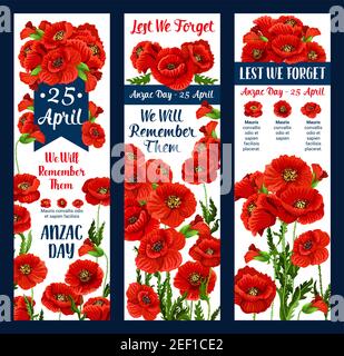 Anzac Day Lest dimentichiamo l'icona di saluto e il fiore di papavero per il 25 aprile australiana e la Nuova Zelanda ricordo di guerra anniversario saluto. Vector Anzac giorno Illustrazione Vettoriale