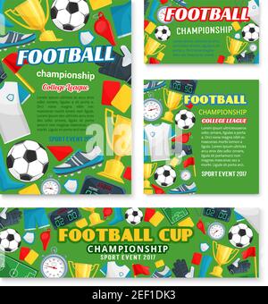 Banner evento campionato di calcio sportivo del modello campionato universitario di calcio. Poster della partita di calcio con cornice di pallone da calcio, coppa del trofeo vincitore e sta Illustrazione Vettoriale