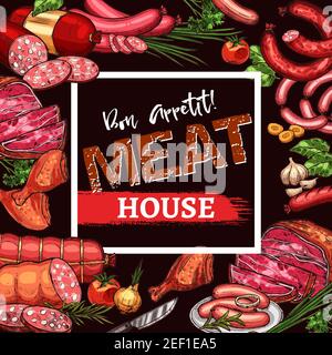 Menu casa di carne o poster di salumi, salsicce e prodotti di carne carnosa fattoria. Disegno vettoriale modello di cervelletto, salsiccia di pepperoni, maiale f Illustrazione Vettoriale