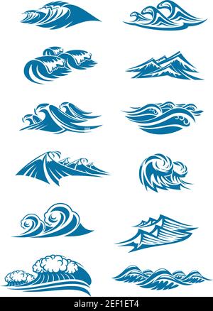 Icone di onde d'acqua e schizzi d'onda marine impostate. Vettore isolato mare o marea onda con gocce di schiuma o schiuma, vento surf gale swirls e stre marine Illustrazione Vettoriale