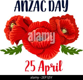 Anzac Day rosso papavero fiori icona design per il 25 aprile Australian e Nuova Zelanda ricordo anniversario biglietto di auguri. Papaveri vettoriali come ricordo s Illustrazione Vettoriale