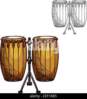 Icona dello schizzo dello strumento musicale della batteria. Vector isolato folklore e tamburi di legno o etnico djembe afro percussioni per jazz o musica classica concer Illustrazione Vettoriale