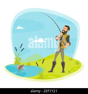 Pescatore sulla pesca con pescato sul gancio della canna che tira dal lago. Disegno piatto vettoriale di pescatore uomo in stivali di gomma al fiume con pesce pescato sulla canna A. Illustrazione Vettoriale