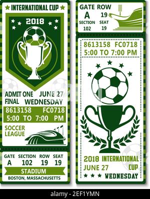 Modello di progettazione di biglietti per campionati internazionali di calcio o partite di calcio. Biglietti d'ingresso di colore verde vettoriale con la squadra di calcio Illustrazione Vettoriale