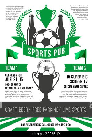 Un pub sportivo di calcio o un fan club di calcio, una maschera per il poster della birra bar. Vector soccer Victory Cup, birra drink e palla da calcio o le bandiere della squadra di calcio Illustrazione Vettoriale