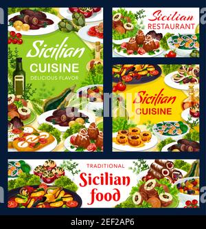 Ristorante siciliano vettore alimentare arancini, pomodori ripieni, cannoli e caponata, costolette con salsa al pesto, arancini con ripieno di carne e panini d'ape Illustrazione Vettoriale