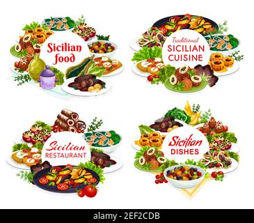 farine siciliane vettore arancini, pomodori ripieni, caciovallo, cannoli, caponata, trita con salsa al pesto. Panini di manzo, pasta alla norma, peache al forno Illustrazione Vettoriale