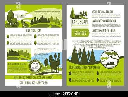 Modello di brochure aziendale di progettazione del paesaggio. Architettura paesaggistica, costruzione, progettazione di parchi e promozione di progettazione di giardini banner o volantino Illustrazione Vettoriale