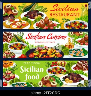 Piatti siciliani vettoriali pomodori ripieni, cannoli, caponata, costolette con salsa al pesto. Arancini con ripieno di carne, panini di manzo, pesche al forno, cozze Illustrazione Vettoriale
