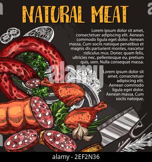 Poster con carne naturale e salsiccia in lavagna con prodotti freschi della fattoria. Salsiccia di maiale, salame, coscia di pollo e gesso affumicato frankfurter su black boar Illustrazione Vettoriale