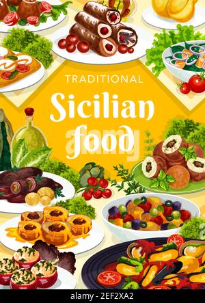 Vettore alimentare siciliano pomodori ripieni, caciovallo e cannoli, caponata, costolette con salsa al pesto. Arancini con ripieno di carne, panini di manzo, piselli al forno Illustrazione Vettoriale