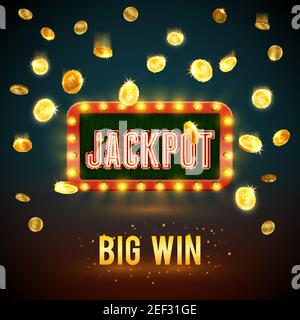 Jackpot grande vittoria sfondo di moneta d'oro che cade splash per il gioco di poker online modello di sfondo. Insegne vettoriali jackpot oro chiaro per il gamblin Illustrazione Vettoriale
