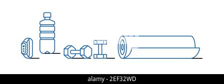 Bottiglia d'acqua, manubri, bracciale intelligente, icona mat Illustrazione Vettoriale