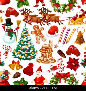 Decorazioni natalizie motivo vettoriale senza giunture di scatole regalo Santa, biscotti di pan di zenzero e caramelle. Vettore wrapper sfondo di ornamento albero di Natale, Illustrazione Vettoriale