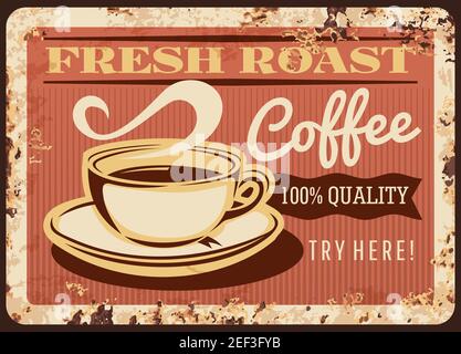 Tazzina per la cottura a vapore del caffè fresco arrosto con piastra metallica arrugginita. Poster promo retrò della caffetteria con tazza e vapore, teglia marrone per ruggine per bevande calde fresche Illustrazione Vettoriale