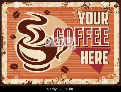 Caffè fumante, tazza vettoriale con bevanda calda in tazza con piastra metallica arrugginita a vapore. Poster promozionale retrò con gustosa bevanda arabica. Simbolo di stagno ruggine vintage f Illustrazione Vettoriale