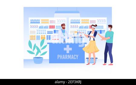 Cartoni animati piatti dei caratteri del paziente e del medico, concetto di illustrazione vettoriale del negozio di farmacia Illustrazione Vettoriale