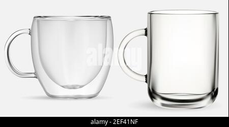 Tazza di vetro Tazza da tè in vetro trasparente, illustrazione vettoriale isolata su sfondo bianco. Bevanda a base di caffè mockup a doppia parete. Cappuccino caldo realistico Illustrazione Vettoriale