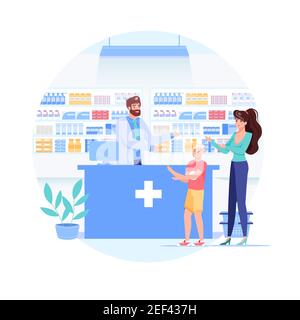 Cartoni animati piatti dei caratteri del paziente e del medico, concetto di illustrazione vettoriale del negozio di farmacia Illustrazione Vettoriale