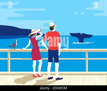 Whale Tail in Ocean watching Turismo Illustrazione Vettoriale