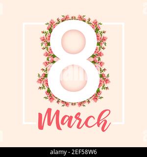 8 marzo, Happy Women's Day eleganti congrati. Grazioso sfondo rosa, cifra 8 in stile fiorista, testo calligrafico. Desig grafico astratto isolato Illustrazione Vettoriale