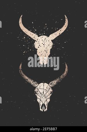 Illustrazione vettoriale con due varianti di teschi di toro disegnati a mano su sfondo nero. Silhouette dorate e contorno con texture grunge. Per la progettazione, Illustrazione Vettoriale