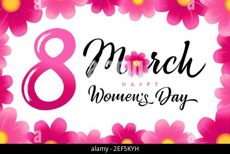 8 marzo, Happy Women's Day eleganti congrati. Bella cornice rosa carino, sfondo bianco, cifra 8 in stile spazzolatura, testo calligrafico. Astratto isolato Illustrazione Vettoriale