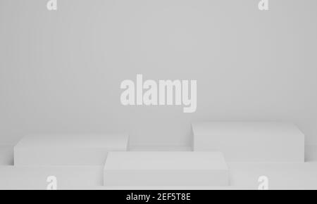 Rendering 3D. Podio vuoto o display a piedistallo su sfondo bianco. Sfondo vuoto del ripiano del prodotto. Scena minima astratta con geometria. Foto Stock